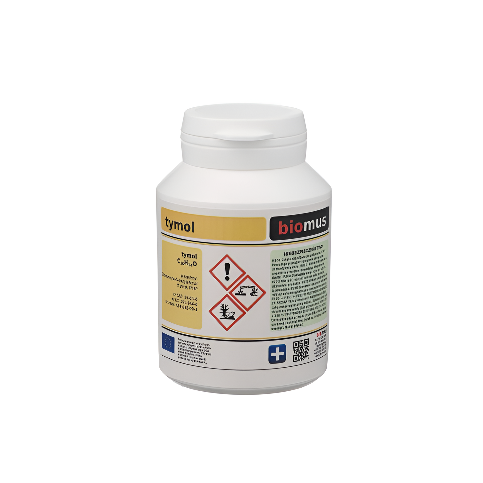 Thymol 50g von BIOMUS, ADR-Produkt, in einer transparenten Verpackung, zeigt die aromatische Kräutersubstanz auf weißem Hintergrund.