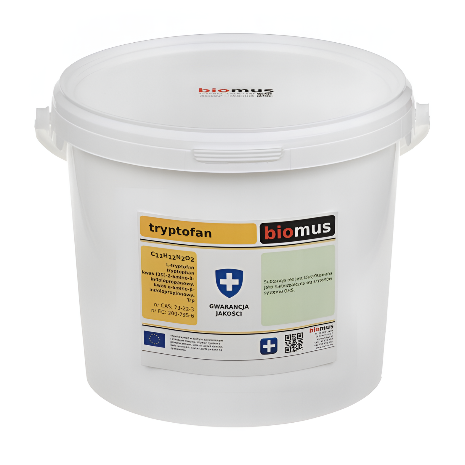 Heller Tryptophan 1kg von BIOMUS, Nahrungsergänzungsmittel in Pulverform, auf weißem Hintergrund fotografiert.