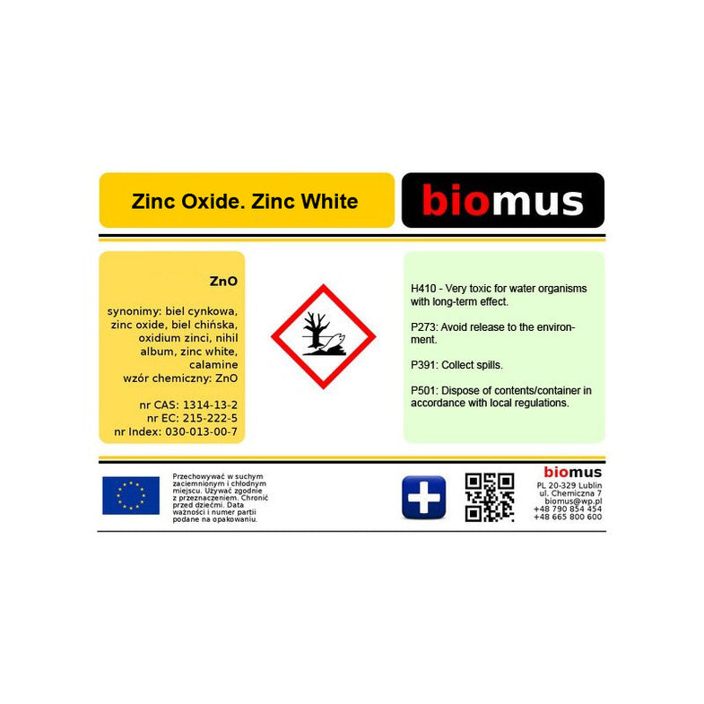 Weiße Zinkoxid (ZnO) Pulver in 500g von BIOMUS, feines Zinkoxid für verschiedene Anwendungen, sichtbar in der Verpackung