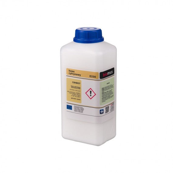 Zitronensäure 1kg von BIOMUS, feines Pulver in einem transparenten Beutel, ideal für Lebensmittel und Reinigung.