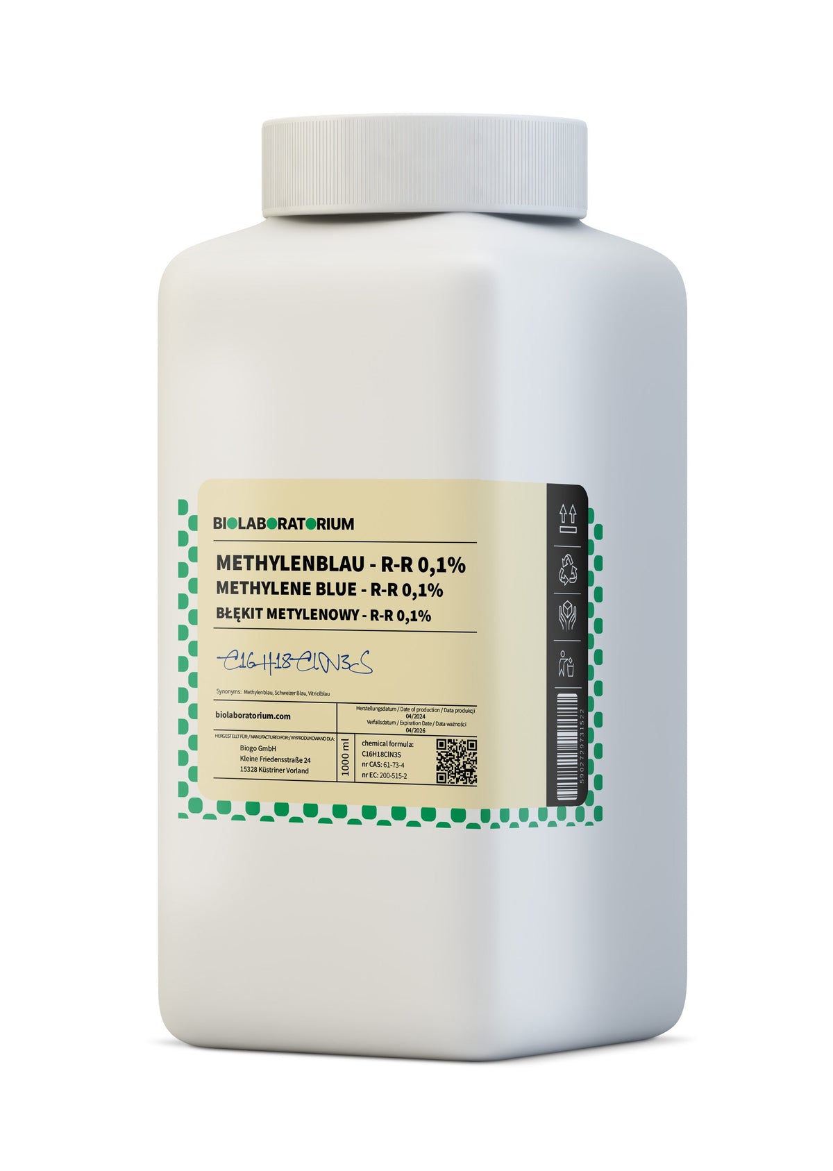 Solution de BLEU DE MÉTHYLÈNE 0,1 % – pur 500 ml BIOLABORATORY