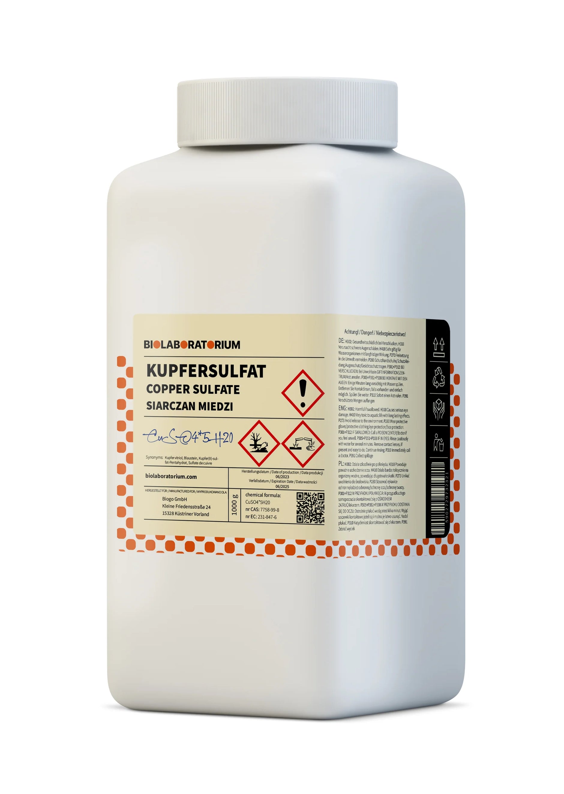 Kupfersulfat Kupferpentahydrat 1kg im Biolaboratorium, chemische Substanz in Verpackung, ADR Produkt von ChemMarkt.de