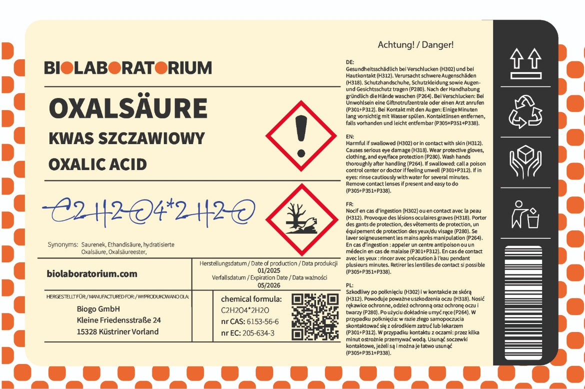 Oxalsäure 3kg von ChemMarkt.de, chemisches Produkt für Desinfektion und Schädlingsbekämpfung, in weißem Pulverform.