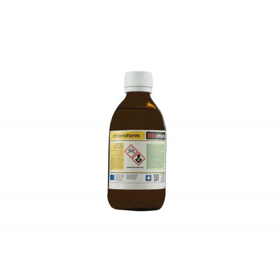 Chloroform 100ml von BIOMUS, ADR-Produkt, flüssige chemische Substanz in einer transparenten Flasche.