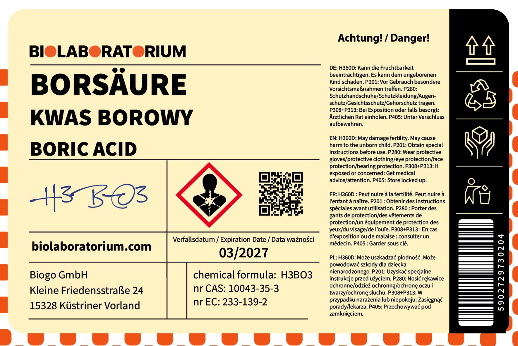 Borsäure 1kg von ChemMarkt.de, chemisches Pulver in transparentem Behälter, für wissenschaftliche und industrielle Anwendungen