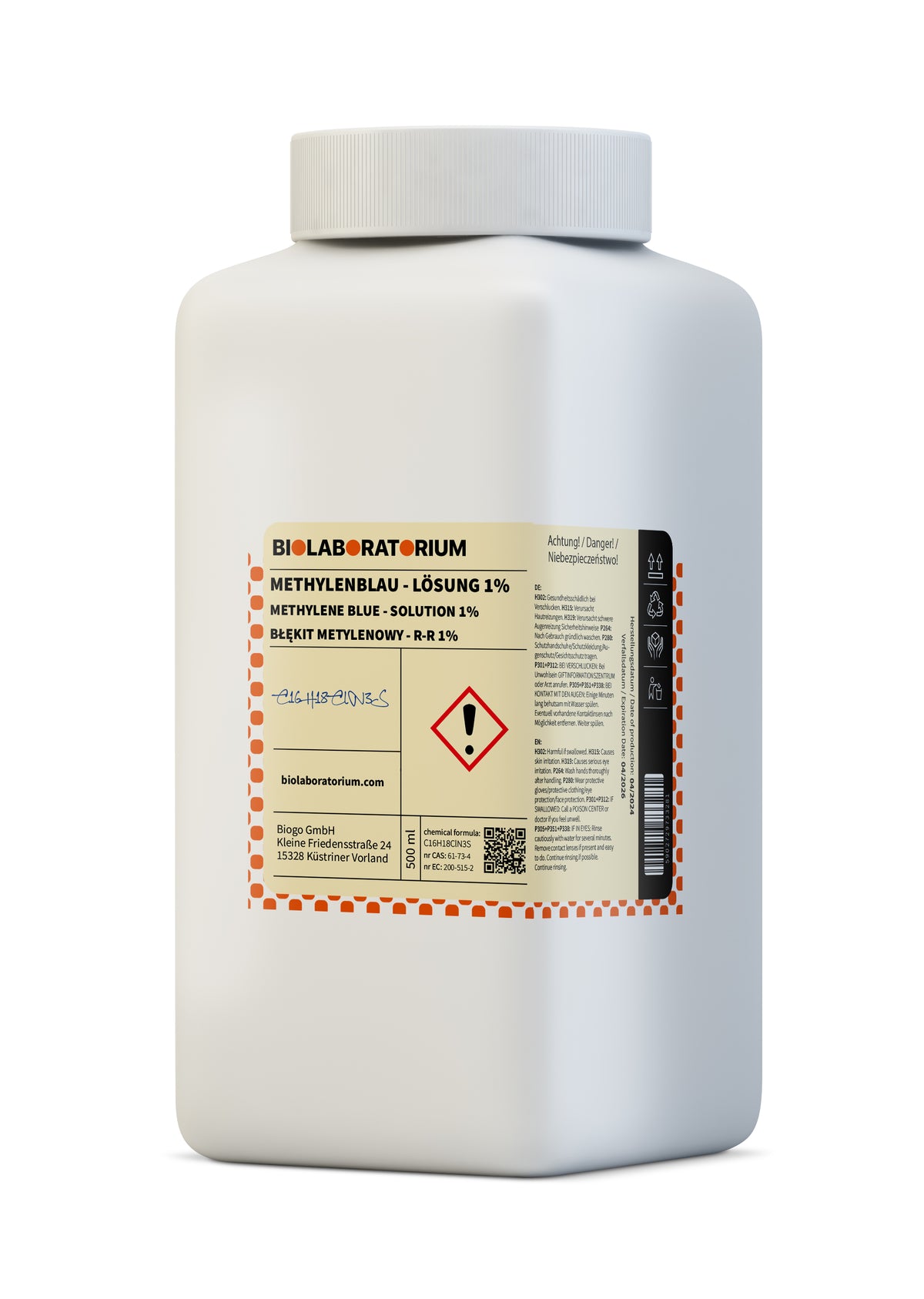 Reine Methylenblaulösung 1% in 500 ml Flasche von BioLaboratorium, blau gefärbte Lösung für chemische Anwendungen