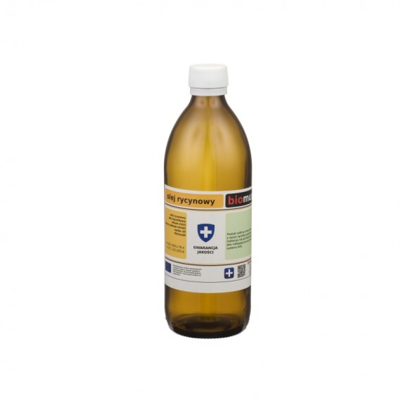 Rizinusöl unraffiniert, hexanfrei, 500ml von BIOMUS, flüssiges Pflanzenöl in einer transparenten Flasche.